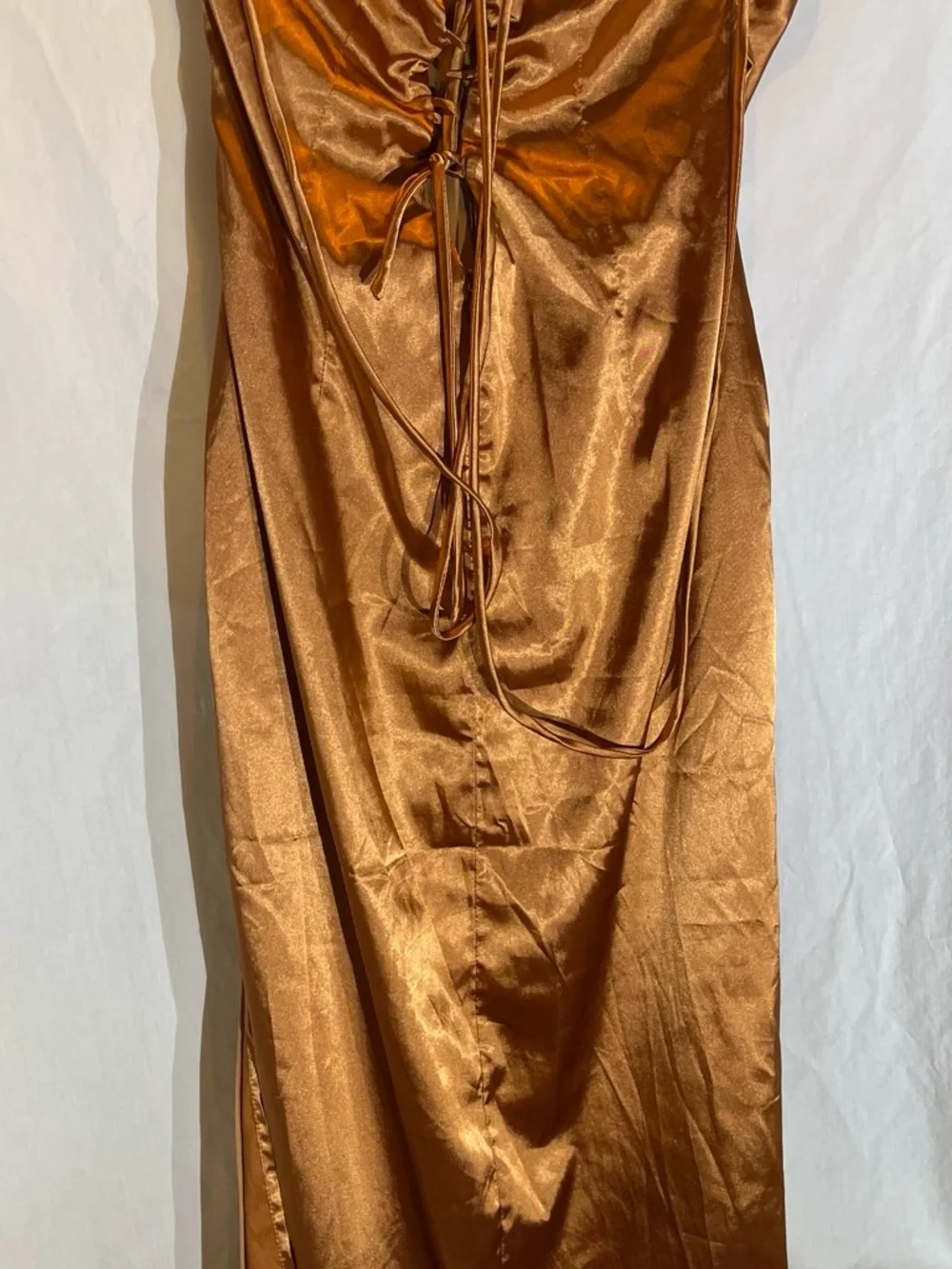 Angel Copper Satin Maxi Dress with Ruched Front